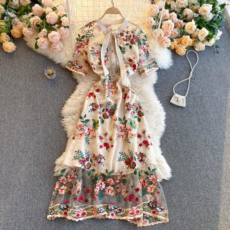 Embroidered Bow Collar A-Line Dress