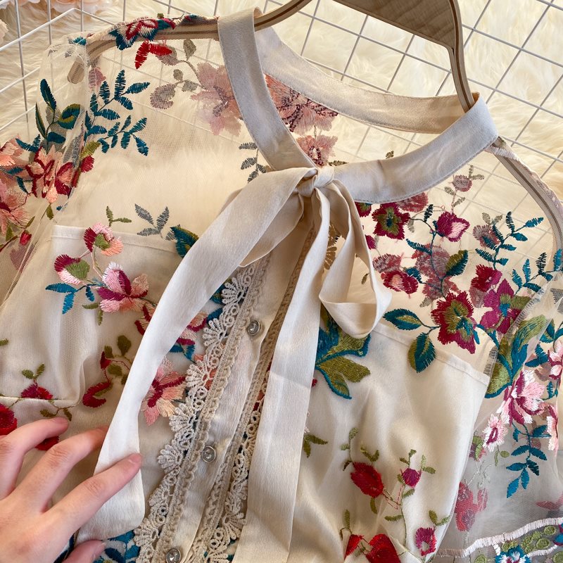 Embroidered Bow Collar A-Line Dress