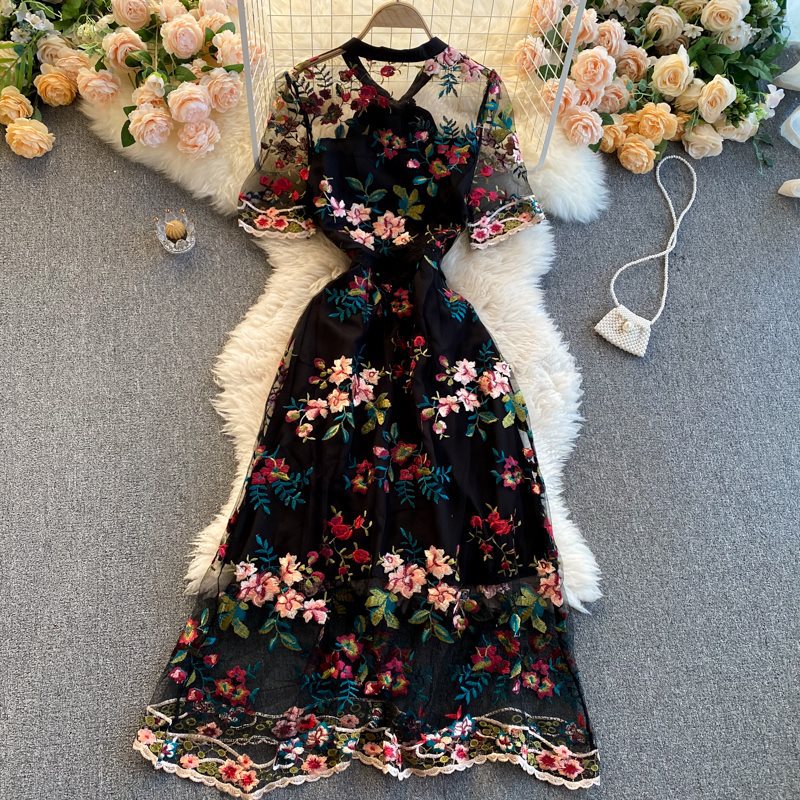 Embroidered Bow Collar A-Line Dress