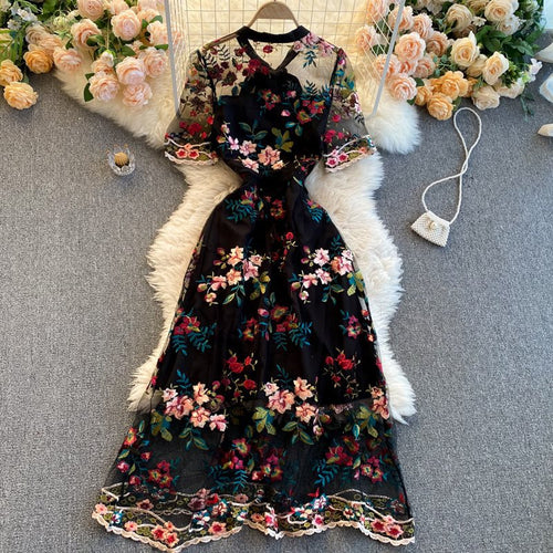 Embroidered Bow Collar A-Line Dress