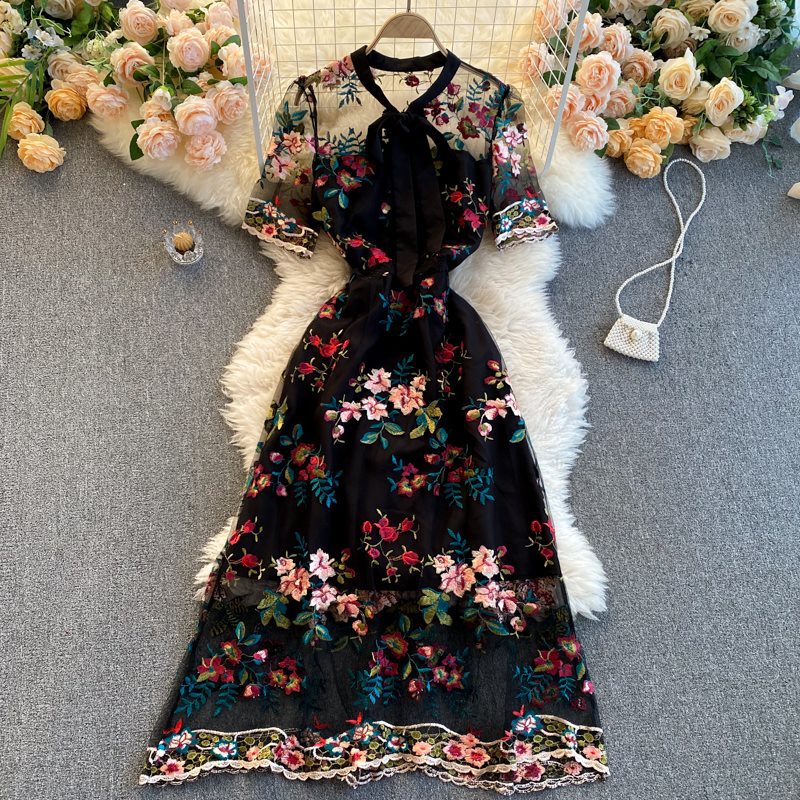 Embroidered Bow Collar A-Line Dress
