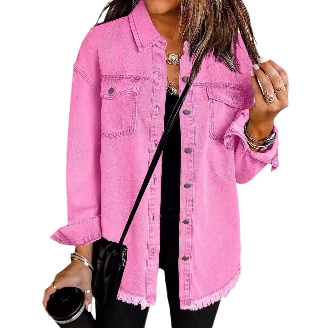 Washed Denim Shirt Jacket with Frayed Hem