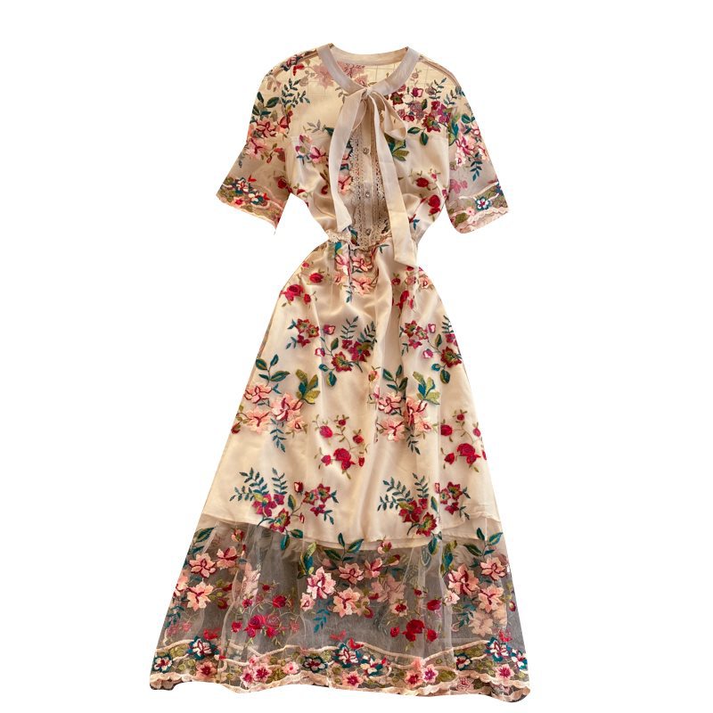 Embroidered Bow Collar A-Line Dress